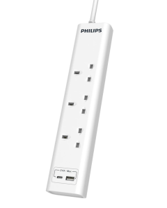 توصيلة فيليبس 2 متر 3 مقابس+2USB A+ USB C 20W PD أمان حماية اطفال، قاطع 13 امبير